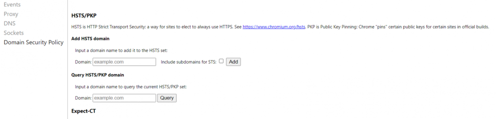 Sección de seguridad del dominio en Chrome