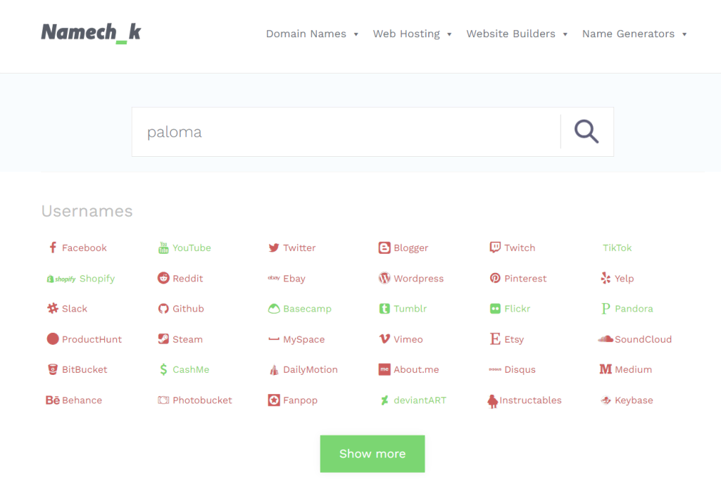 namech_k startpagina voor sociale media handles van domeinnamen
