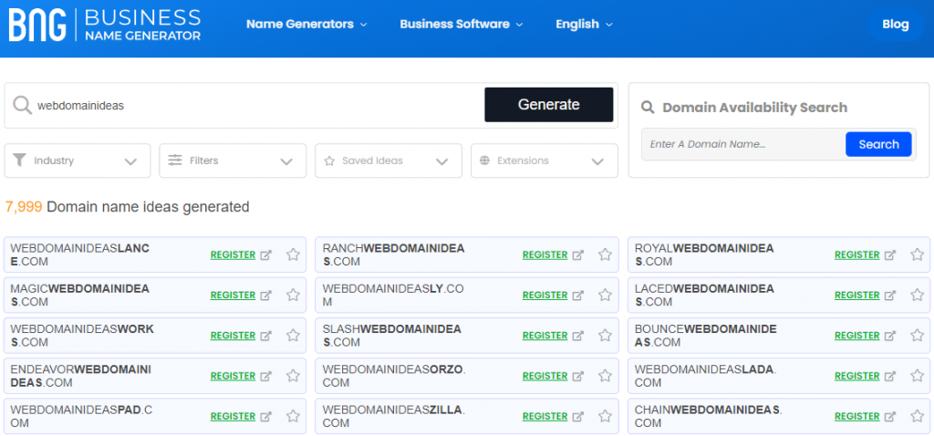Screenshot van Business Name Generator resultaat pagina
