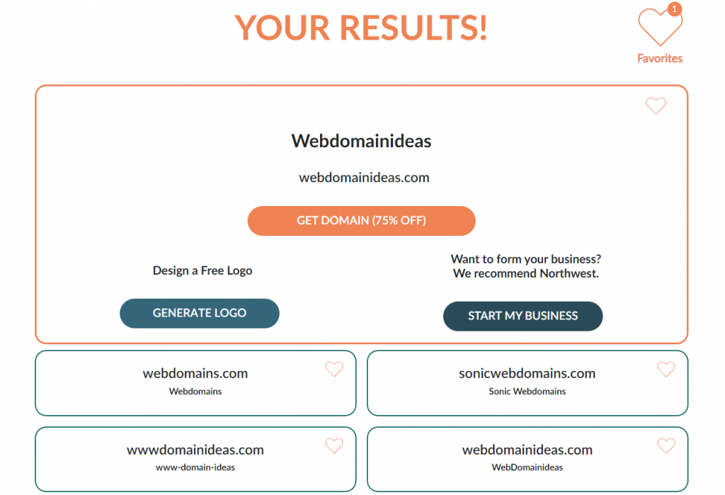 Screenshot van TRUiC domeinnaam generator resultaat pagina
