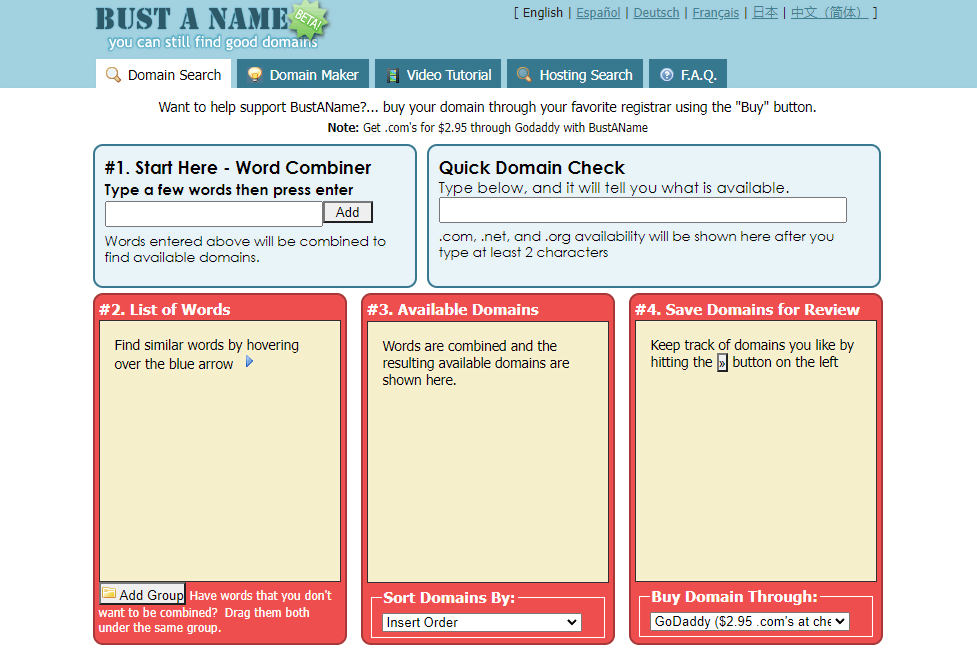 screenshot van Bust A Name homepage
