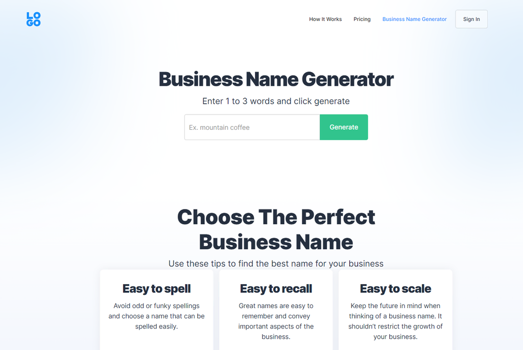 Screenshot van LOGO.com business name generator
