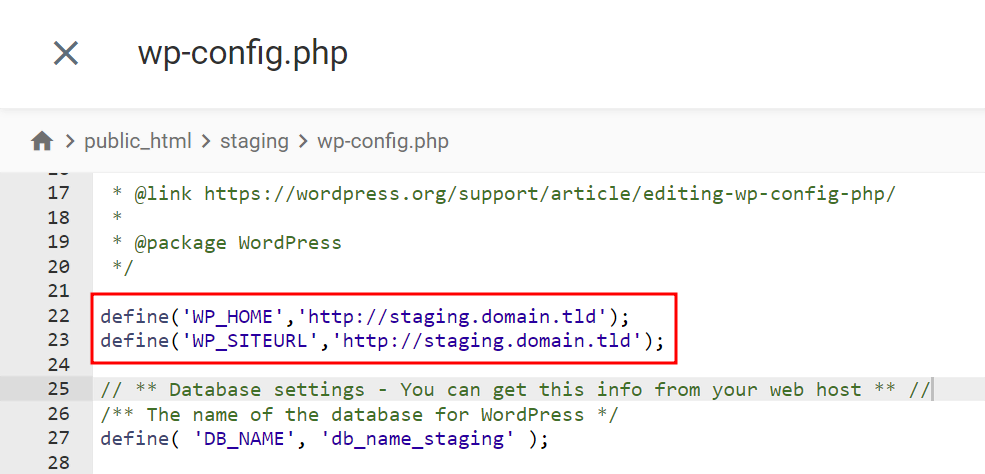 Wanneer je dit hebt gedaan, vergeet niet om de placeholder staging.domain.tld te wijzigen in je staging subdomein.
