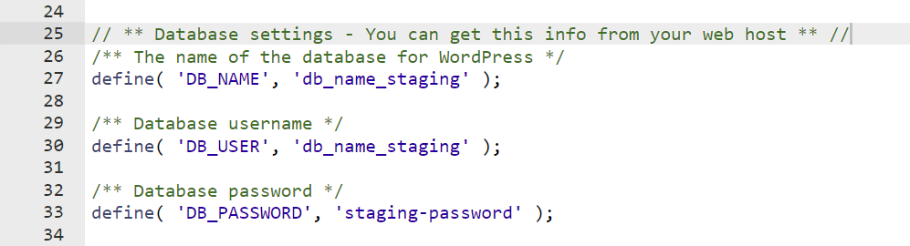 Verander de waarden van DB_NAME, DB_USER en DB_PASSWORD zodat ze overeenkomen met de databasegegevens en inloggegevens van je staging omgeving. Klik daarna op Opslaan.
