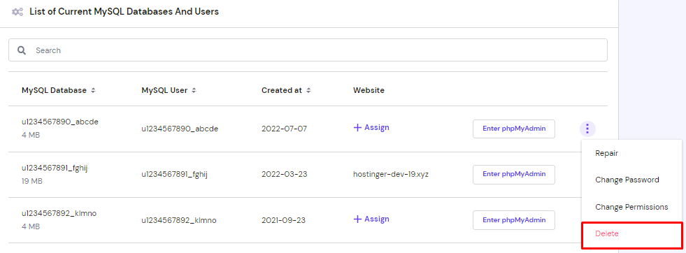 Ga naar de MySQL Databases, zoek de naam die je eerder hebt genoteerd en klik op de drie puntjes ernaast. Kies vervolgens Verwijderen.
