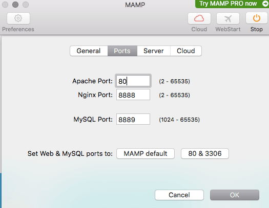 Laat de Nginx-poort op "8888" en de MySQL-poort op "8889" staan