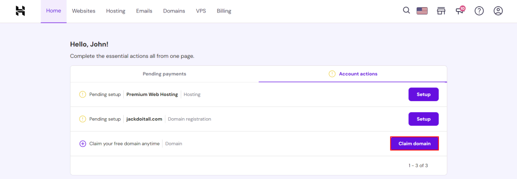 Startpagina Hostinger voor het claimen van jouw gratis domein
