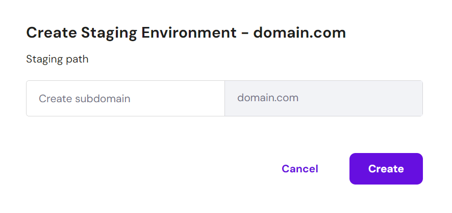 Voer de subdomeinnaam voor de staging website in en klik op Aanmaken.
