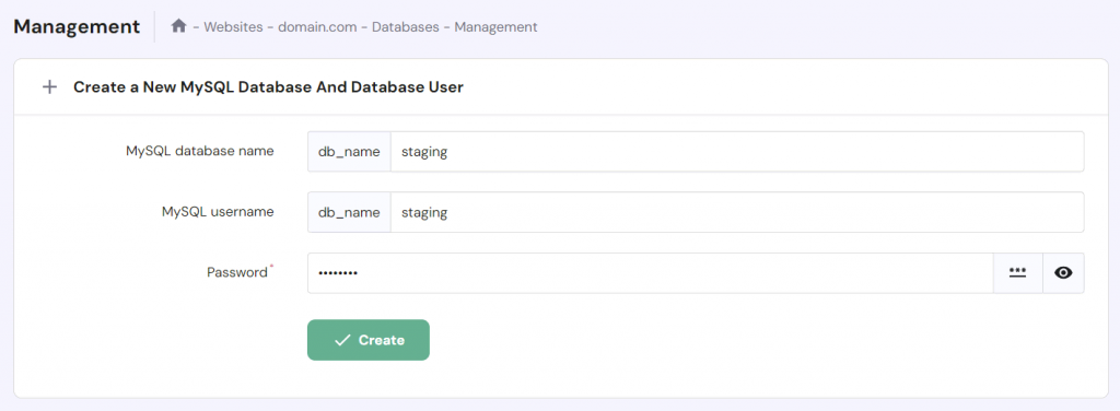 Ga naar Beheer en maak een nieuwe database aan voor je staging omgeving.
