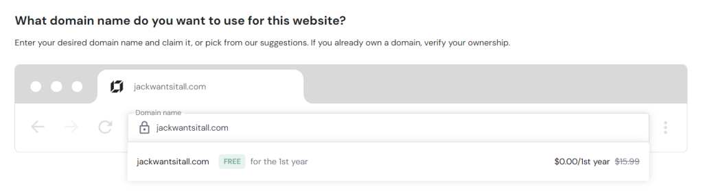 Tekst met gratis domein actie in Hostinger tijdens de hosting setup
