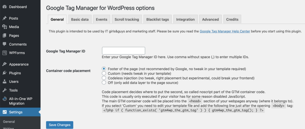 Ga in WordPress website naar Instellingen -> Google Tag Manager en plak het ID in het Google Tag Manager ID vak.