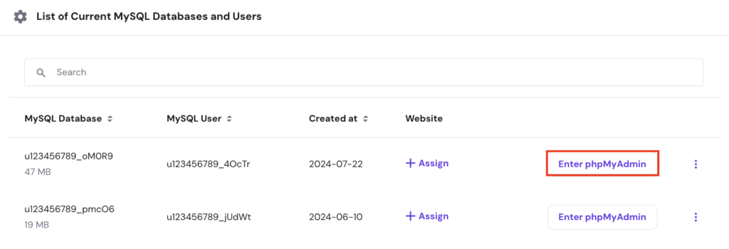 Zoek de databasenaam van je website en klik op de knop phpMyAdmin invoeren.