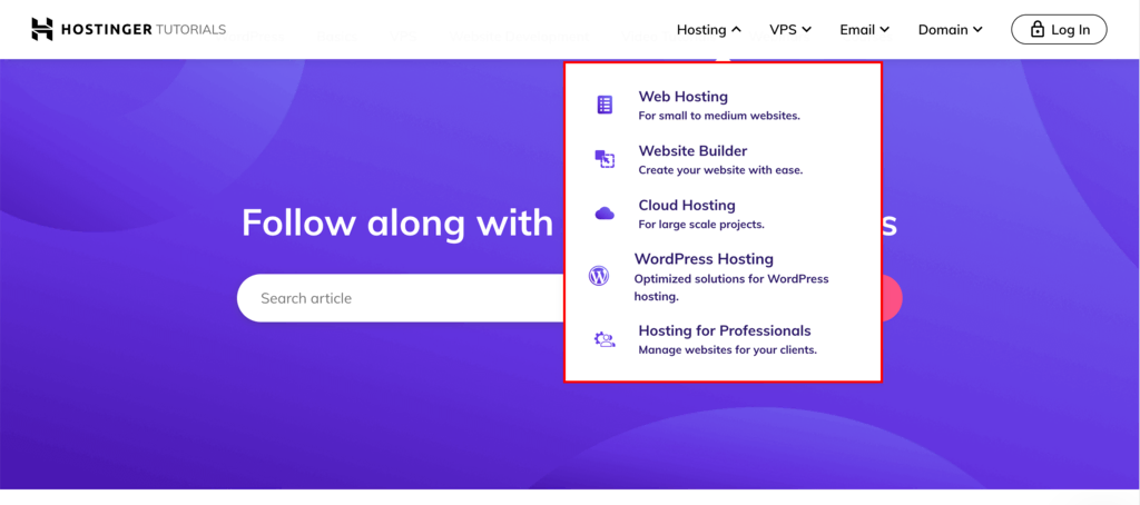 Lokale navigatie op de Hostinger website