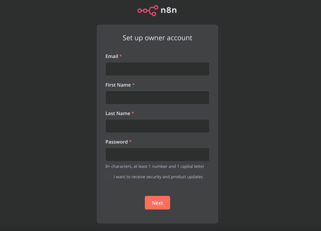 n8n dialoogvenster voor registratie