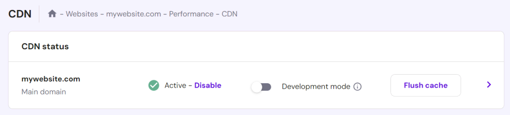 Ga naar Websites → Prestaties → CDN om de status te controleren.
