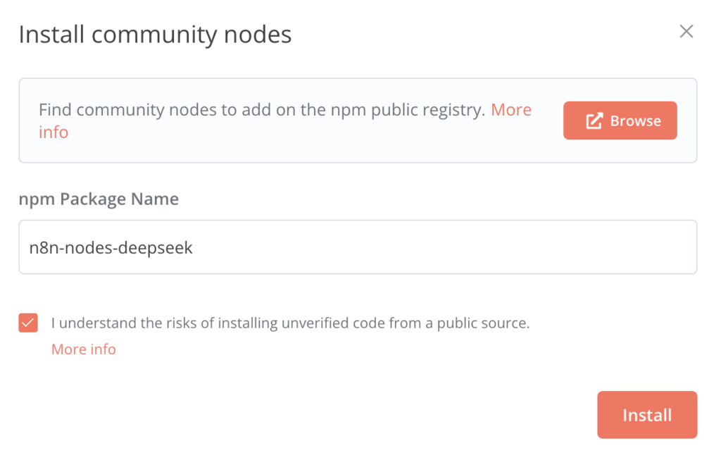 Typ n8n-nodes-deepseek in het veld npm Pakketnaam. Vink het bevestigingsvakje aan en klik op Installeren.