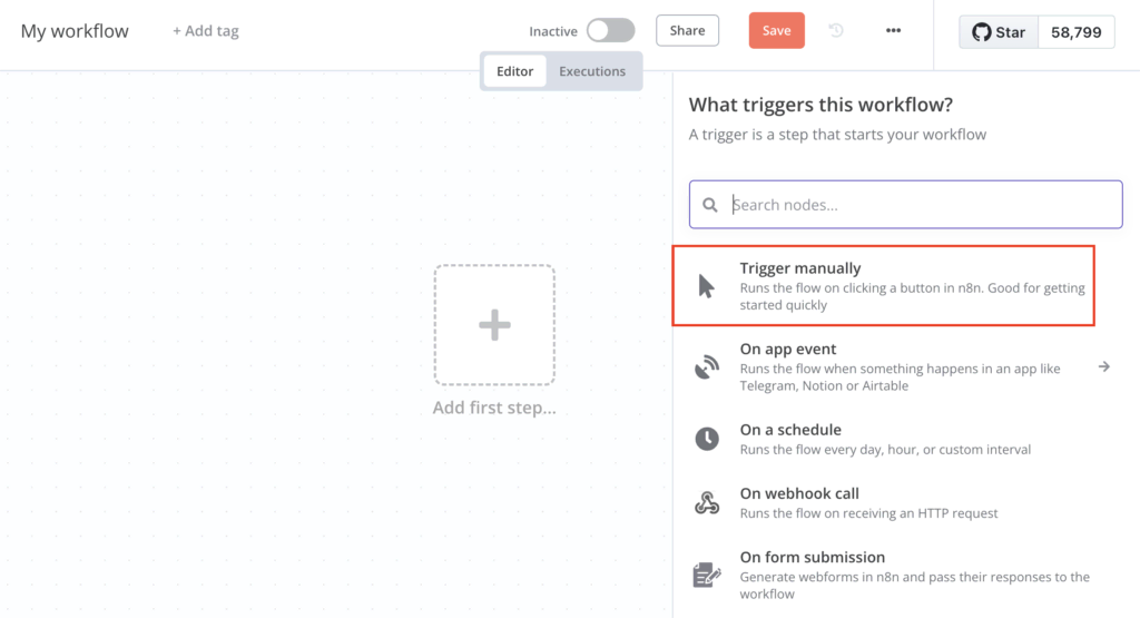 Klik op Eerste stap toevoegen... en kies vervolgens Trigger handmatig uit de beschikbare trigger-opties om de workflow te starten.
