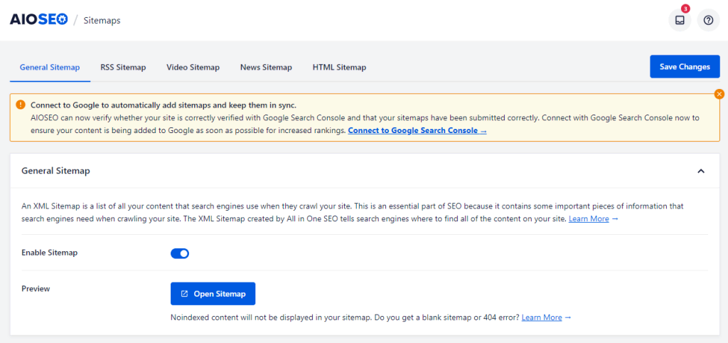 Met AIOSEO maak je met één klik een XML-sitemap en koppel je makkelijk met Google Search Console.

