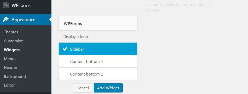 Choisissez la barre latérale pour afficher les WPForms dans la barre latérale.
