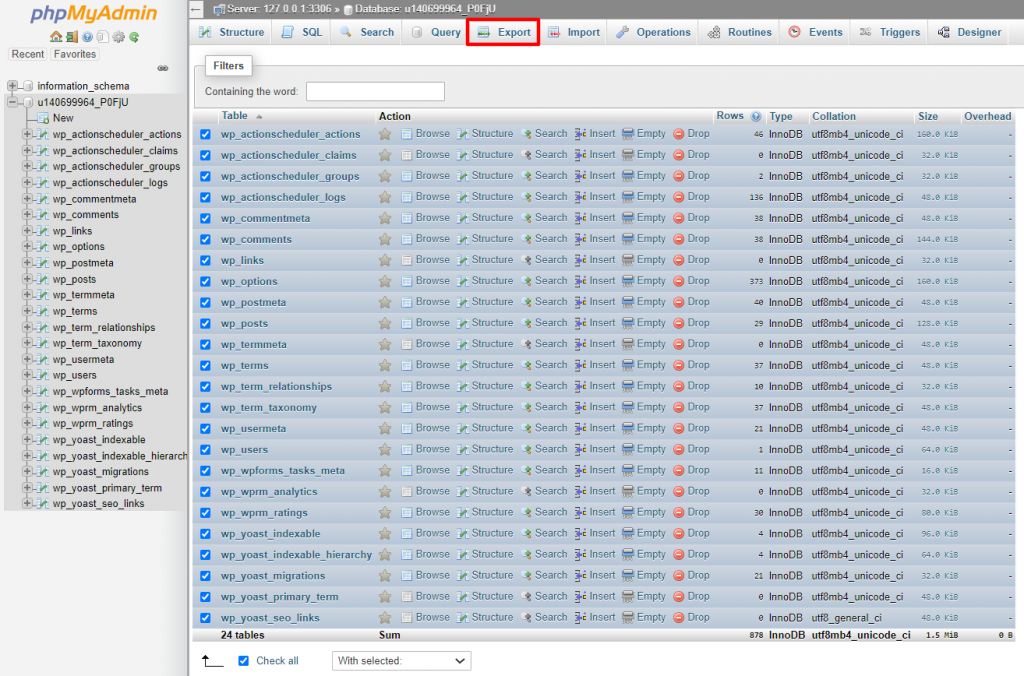 Exportation d'une base de données par phpMyAdmin