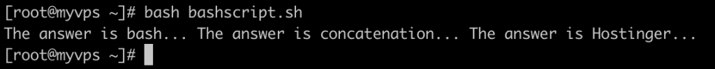 Ejemplo de bucle for en un script bash. Se utiliza para unir tres cadenas con la cadena preferida. El comando echo imprime el resultado combinado
