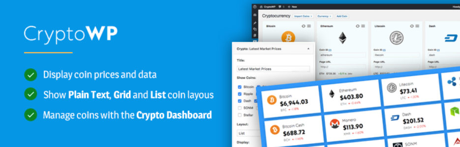 plugins-crypto-wordpress La bannière officielle de CryptoWP sur WordPress, présentant ses principaux outils