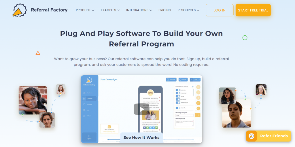 La page d'accueil de Referral Factory, une plateforme de marketing de recommandation.
