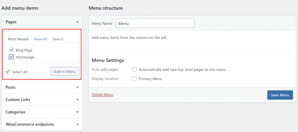 La section Ajouter des éléments de menu dans WordPress en mettant en évidence l'onglet Pages