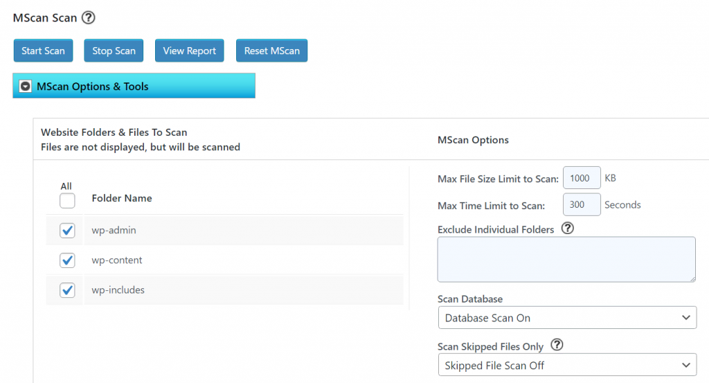 wordpress-scanner Paramètres d'analyse dans BulletProof Security