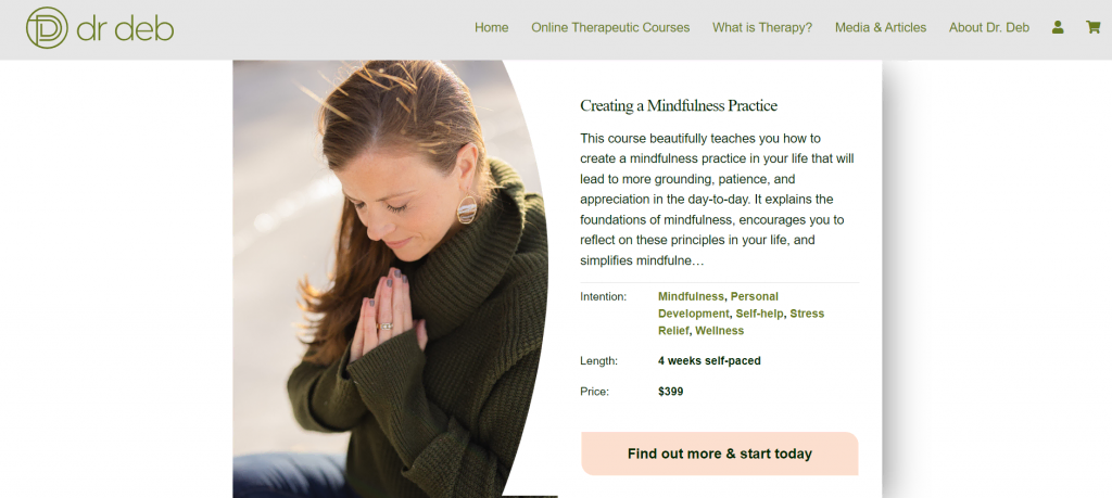 exemples-de-sites-de-professeurs Le site web de Dr. Deb Therapy présente une description du cours et un CTA.