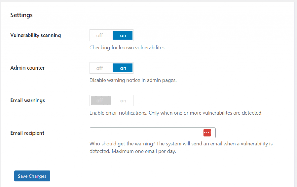 wordpress-scanner Paramètres de l'analyse de vulnérabilité dans Security Ninja