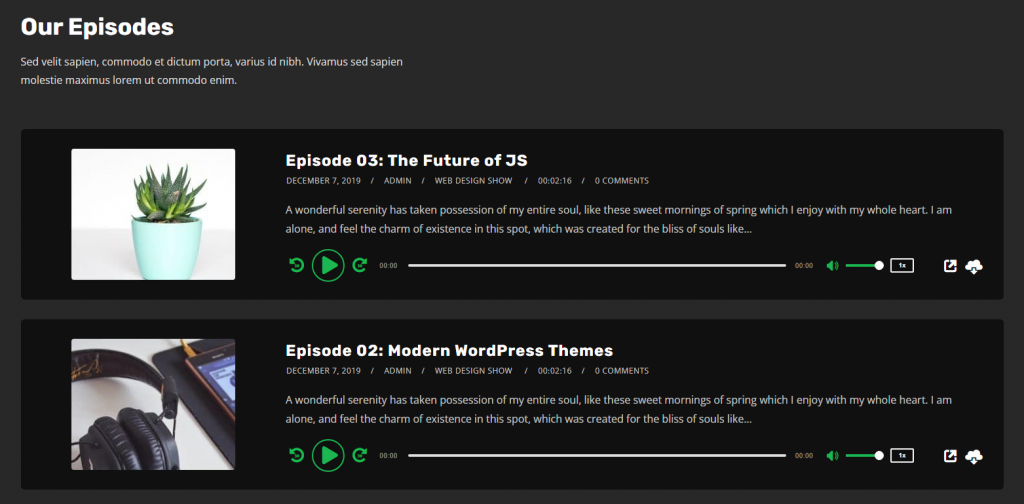 themes-wordpress-simples La section Nos épisodes du site démo du thème Tusant montrant les lecteurs de podcasts.