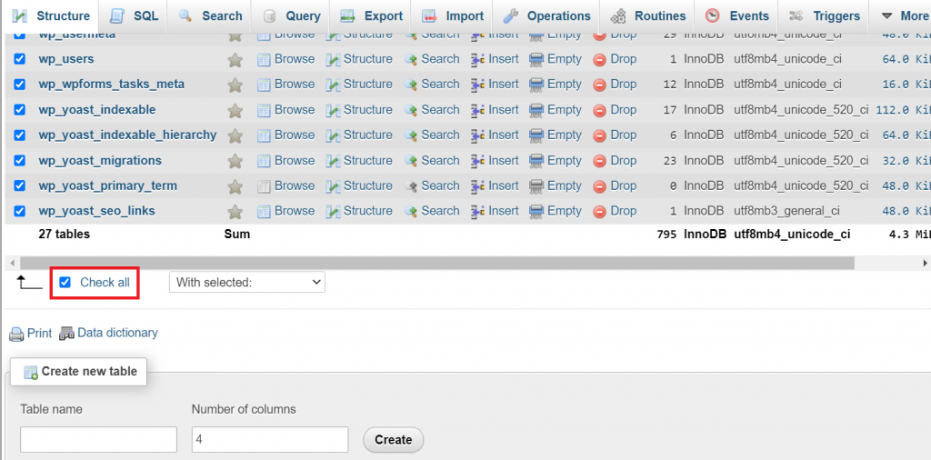 restaurer-WordPress-a-partir-dune-sauvegarde Toutes les tables de la base de données ont été vérifiées sur phpMyAdmin.
