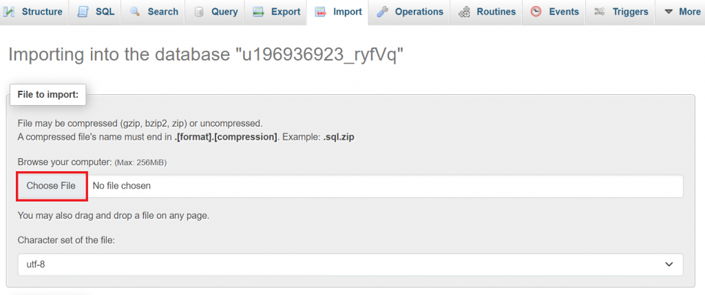 restaurer-WordPress-a-partir-dune-sauvegarde Le bouton Choose File (Choisir un fichier) est mis en évidence dans phpMyAdmin.