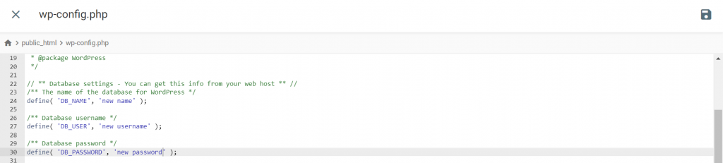 restaurer-WordPress-a-partir-dune-sauvegarde Les lignes du fichier wp-config.php dans le gestionnaire de fichiers de WordPress.