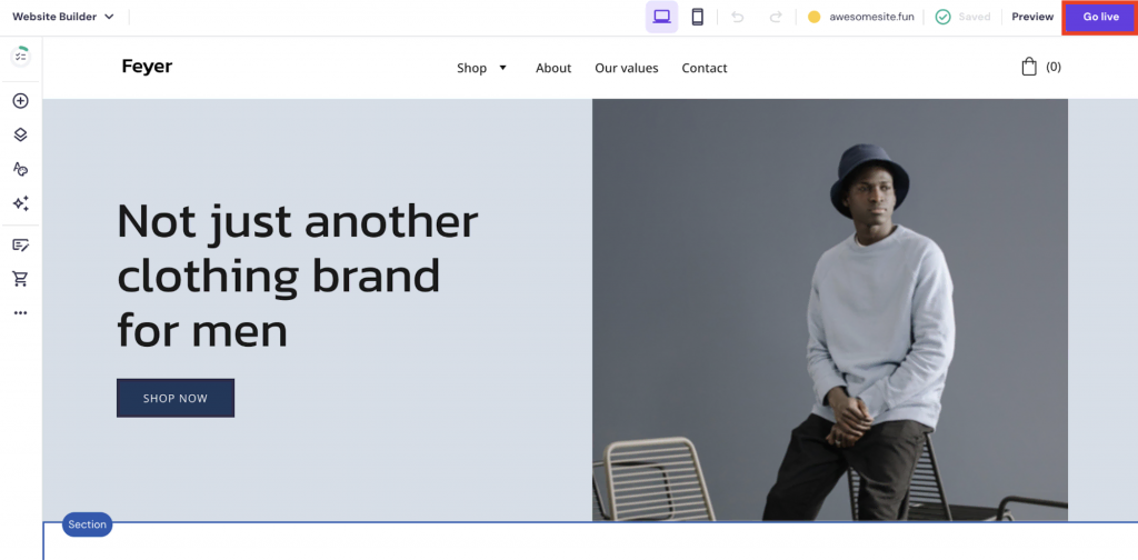 Hostinger Website Builder editor with Go Live button highlighted