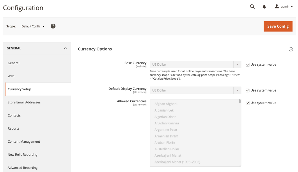 Configuración de opciones de moneda en Magento 2