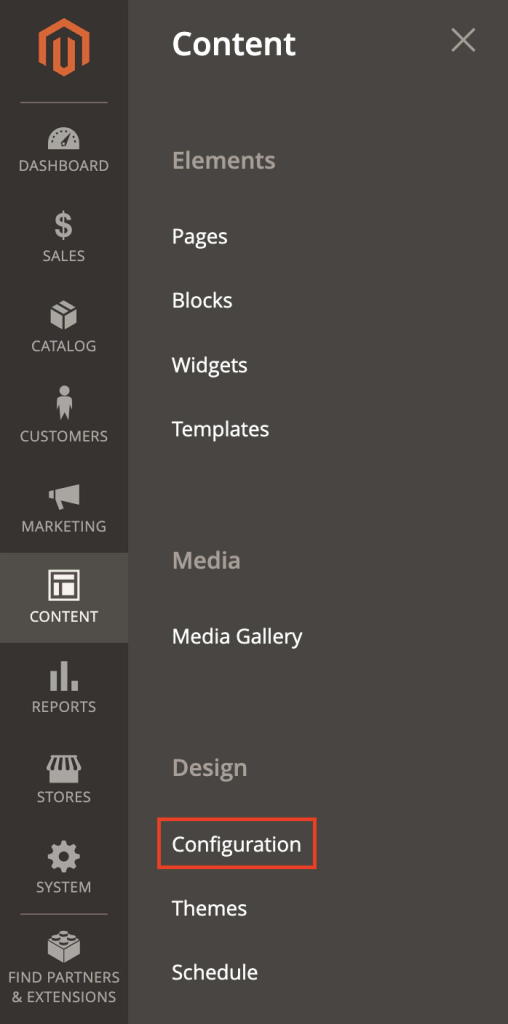 Acceder al menú de Configuración desde la barra lateral izquierda de Magento 2